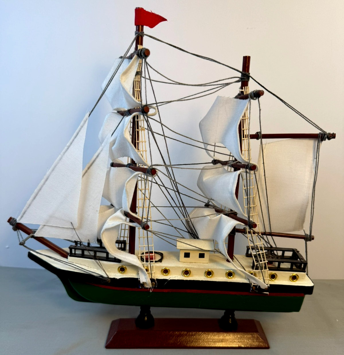 Vintage 2 Mast Model Sailboat Ship Nautical Decor Wood Base 9"