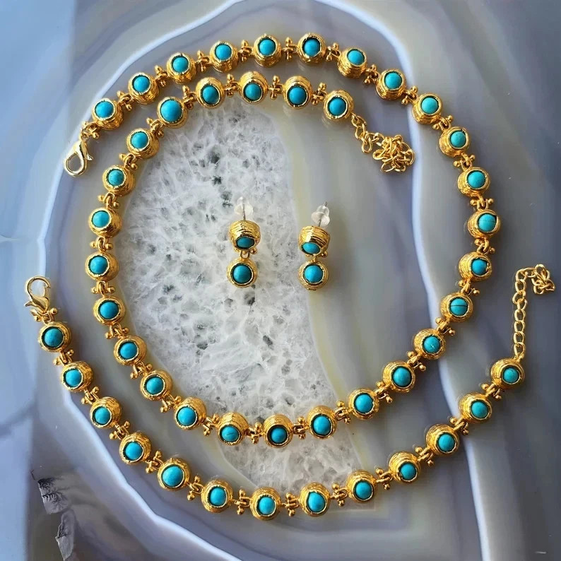 Estate Turquoise 18K Yellow Gold Over Necklace, Bracelet & Earrings Jewelry Set