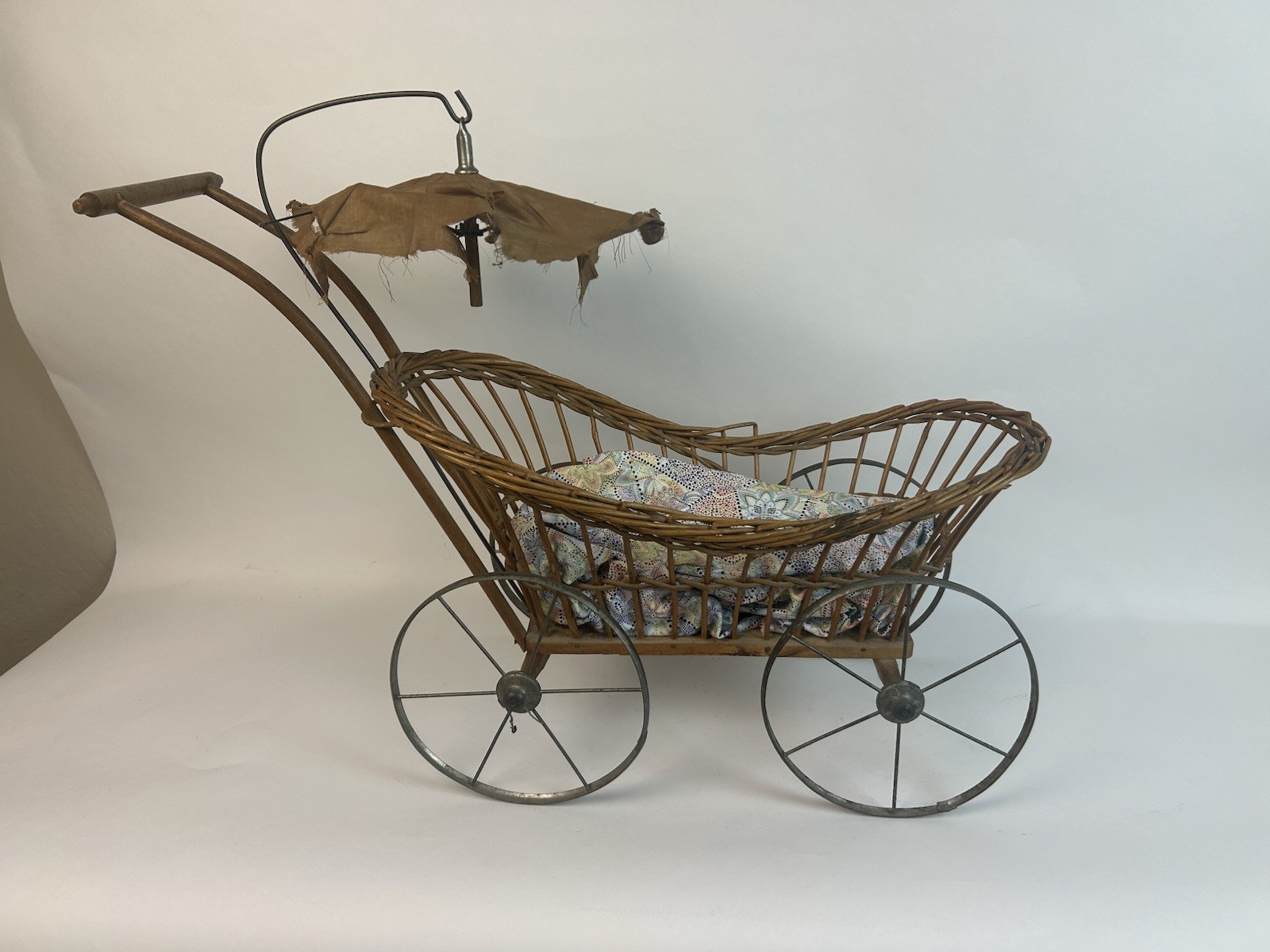 Antique Wicker Baby Doll Carriage-metal wheels