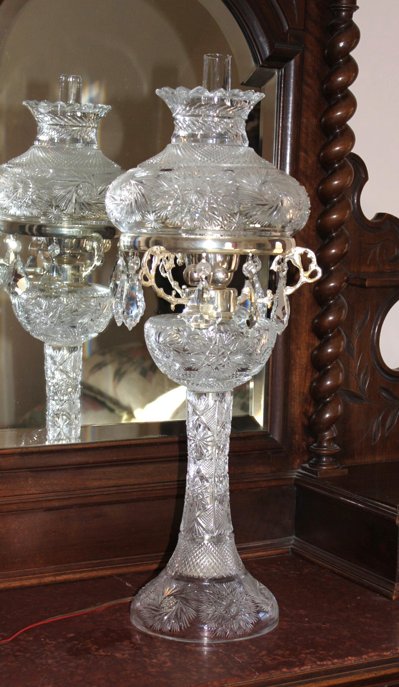 Vintage 25" Signed (Yasemin) Cut Glass Electric Hurricane Style Oil Lamp c.1980