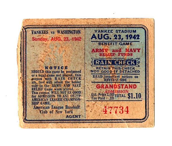BABE RUTH HR OFF WALTER JOHNSON  WAR  BOND GAME  AUG. 23, 1942  TICKET STUB