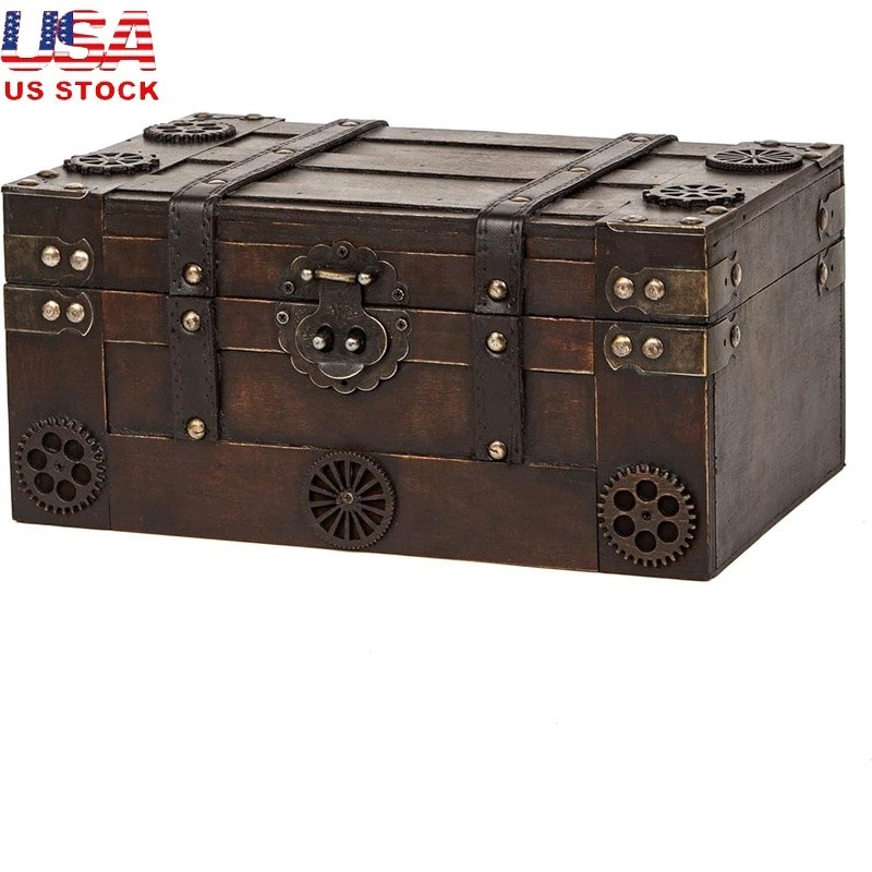 Vintage Treasure Chest Wooden Box Lockable Organizer Jewelry Coins Decor New