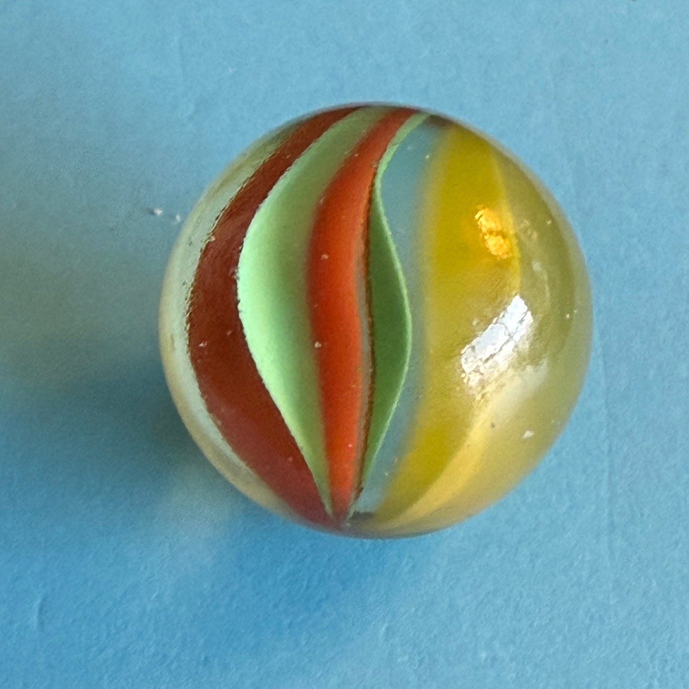 Vintage Clear Base Ribbon Swirl Glass Marble Red Yellow Green Shooter