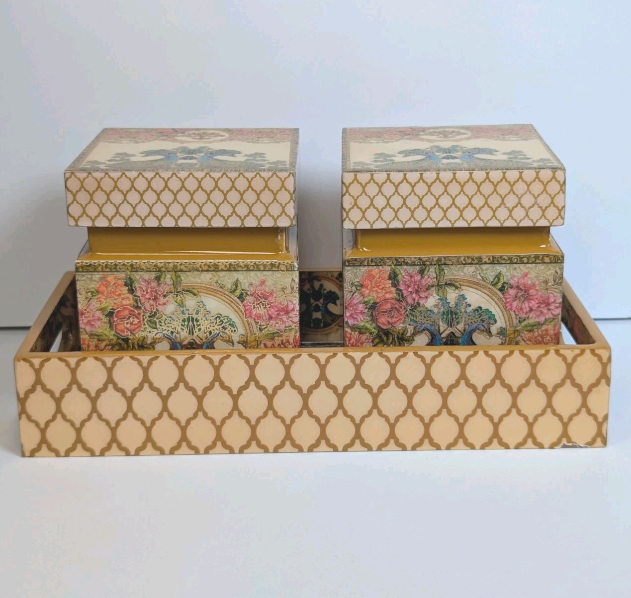 3 Piece Vintage Peacock Floral Design Lacquerware Tray & Vanity Box Dresser Set
