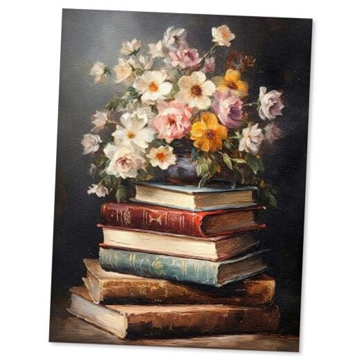 Floral Book Canvas Wall Art Botanical Flower Oil Painting 16"L x 12"W Red