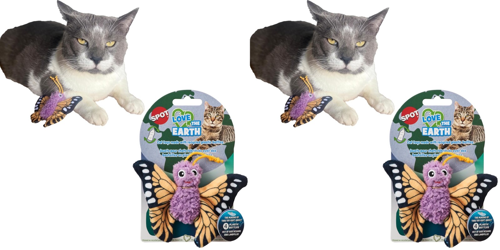 SPOT Love The Earth Butterfly Cat Toy - Eco 4 in (Pack of 2), Assorted 