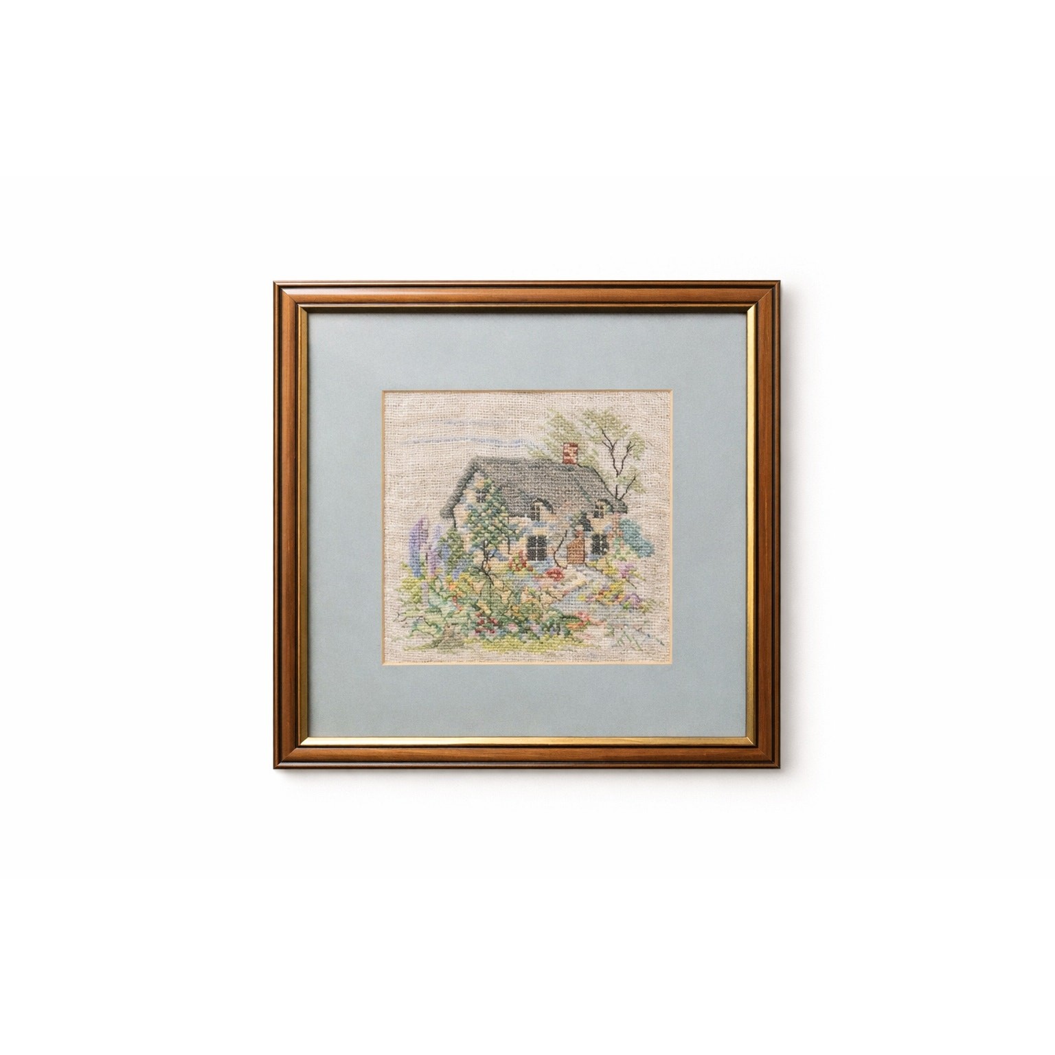 Framed Vintage Cottage Garden Needlepoint Cross Stitch Tapestry Wall Art