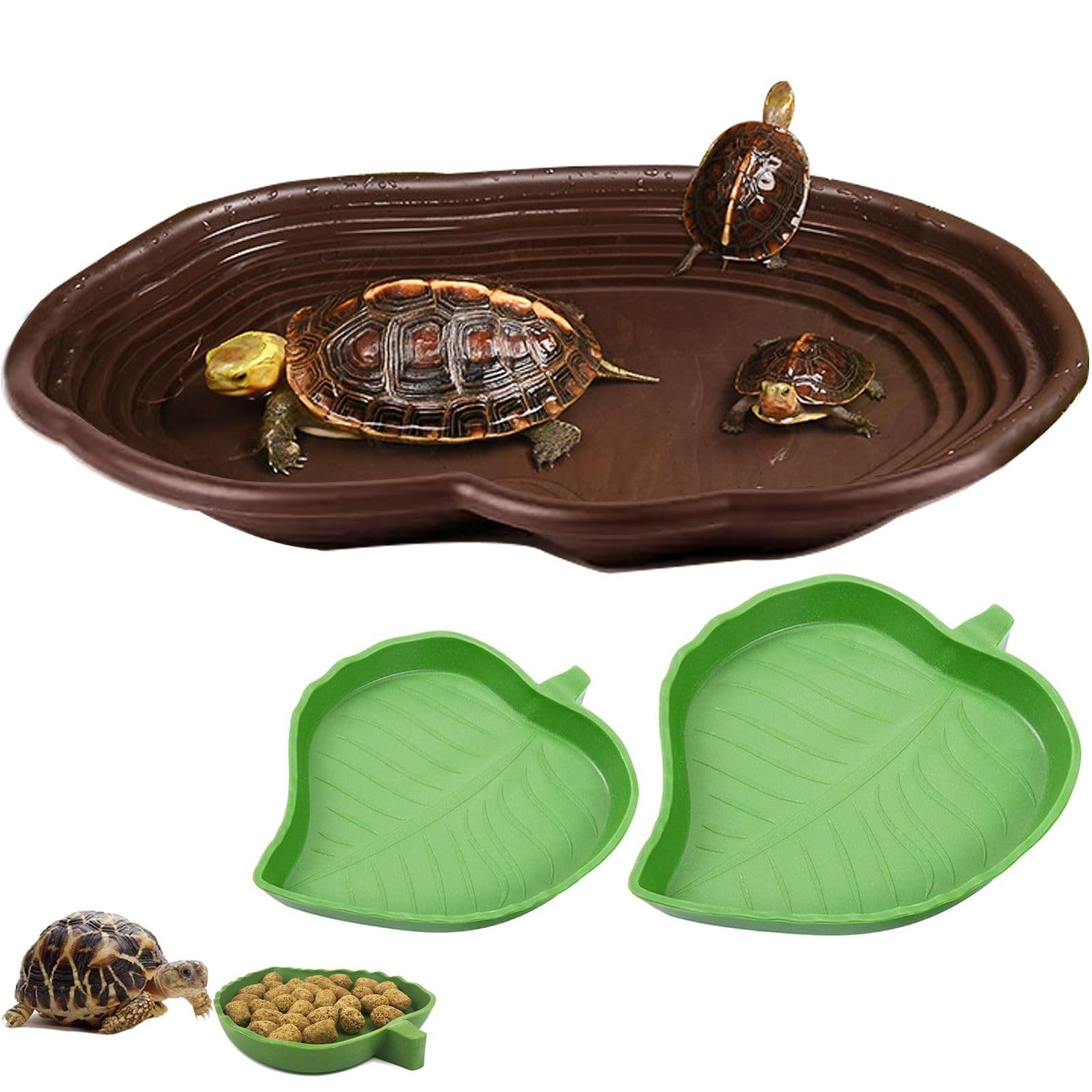 3PCS Tortoise Water Bowl with Ramp Leaf Tortoise Water Food Dish Turtle Pool ...