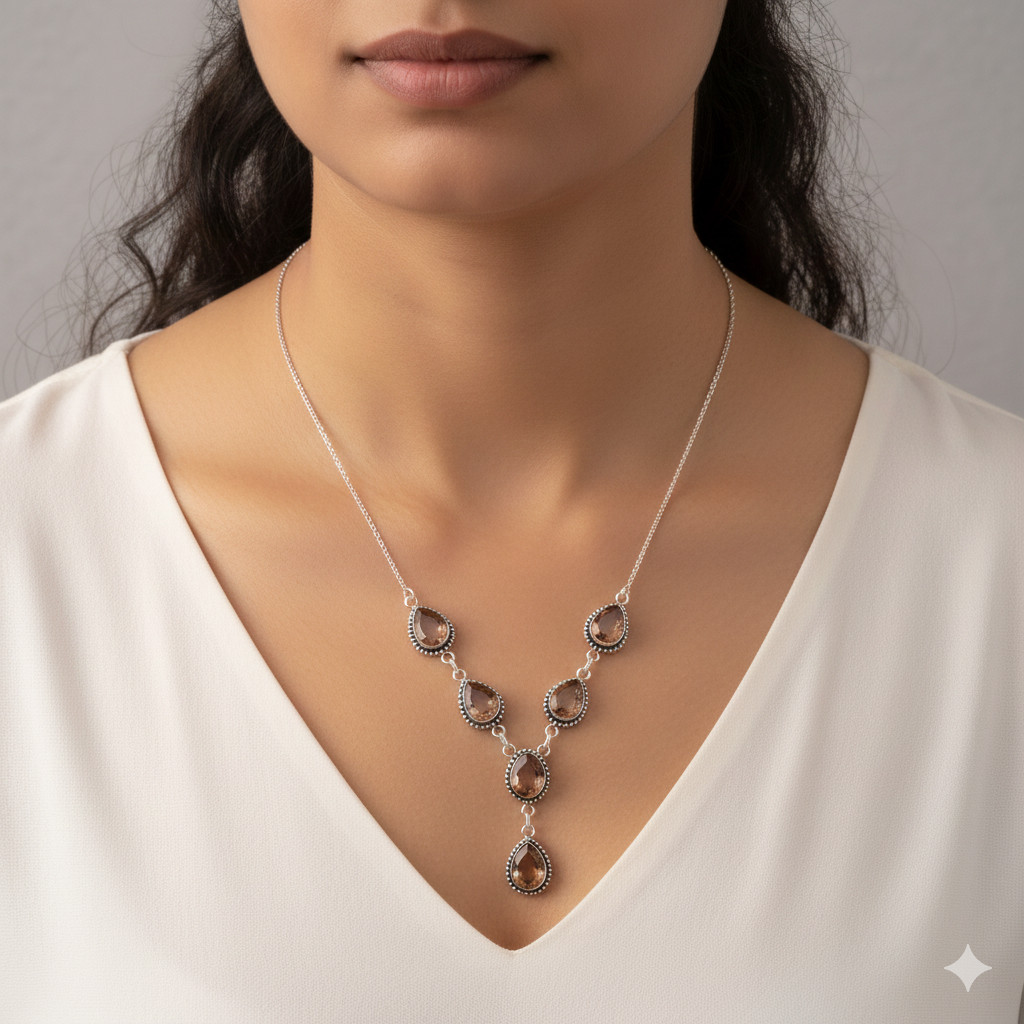 Morganite Gemstone Vintage Handmade 925 Sterling Silver Necklace 24" v988