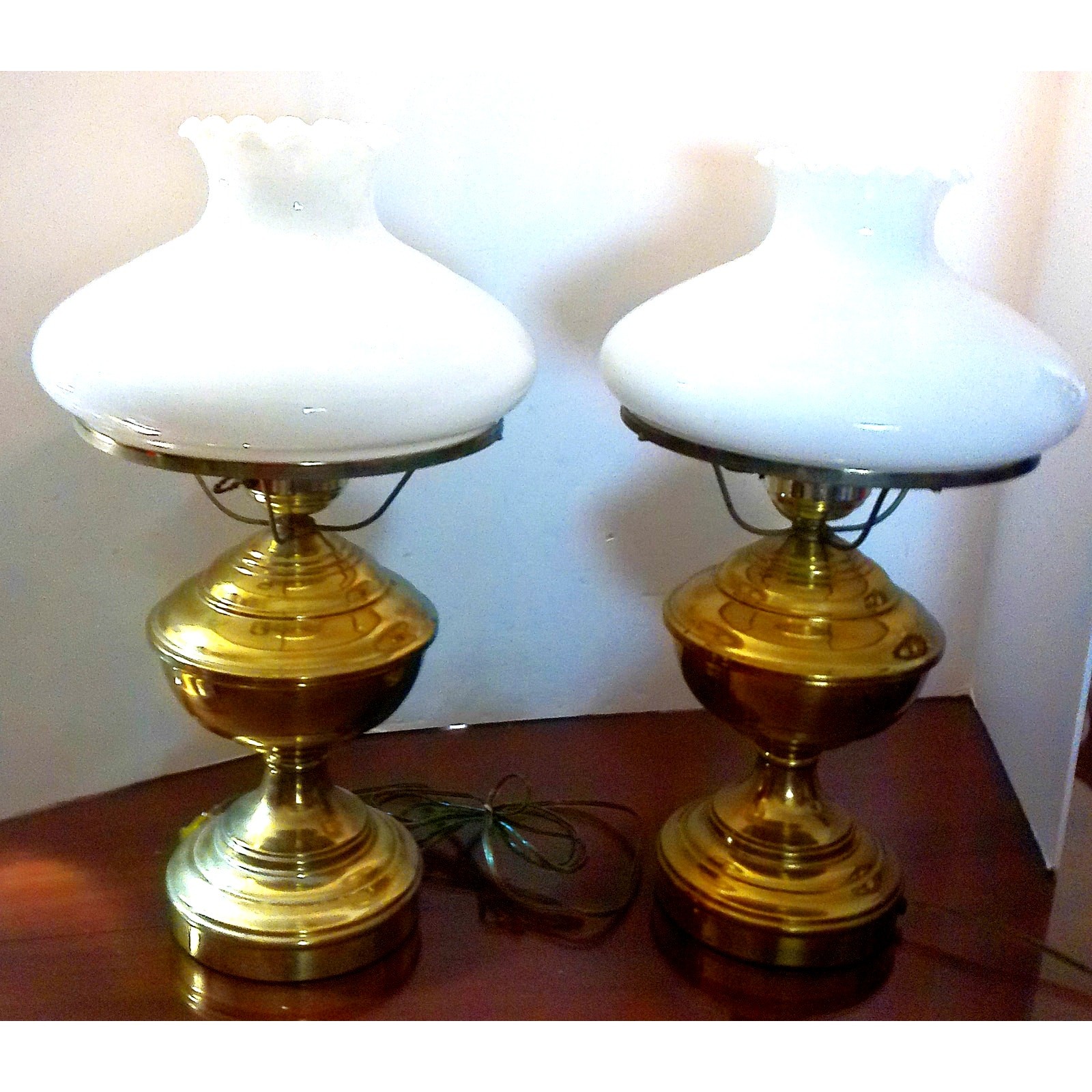 Vintage Pair Hurricane Brass Milk Glass Lamps SET OF 2 READ