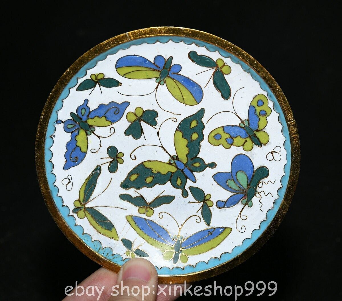 5" Marked Chinese Cloisonne Copper Enamel Dynasty Flower butterfly Tray disc