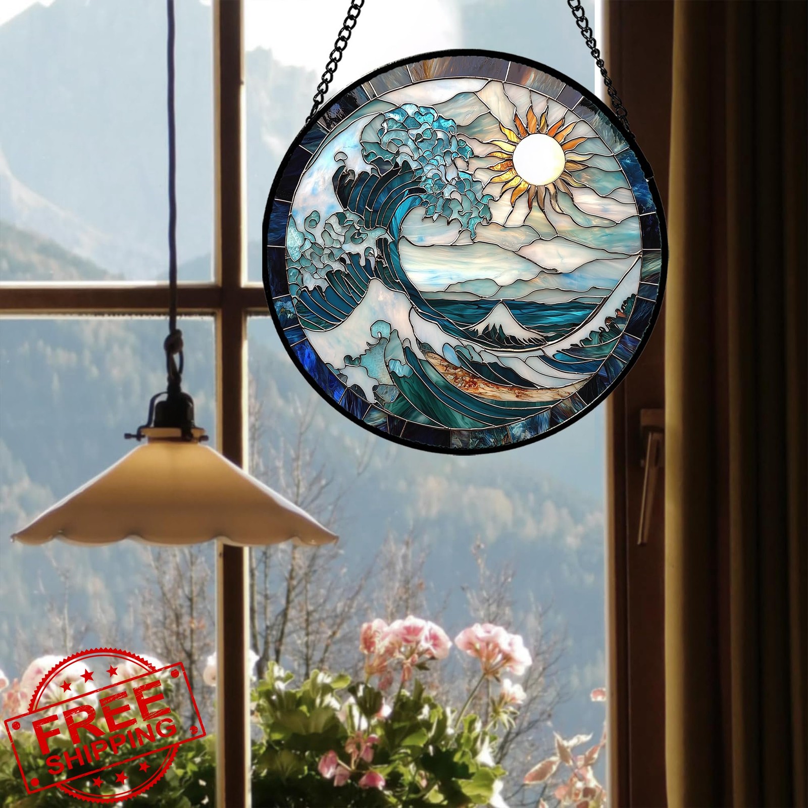 JOSUMALY Stained Glass Sun Catcher Blue Ocean Wave 11.8" Window Door Garden D...