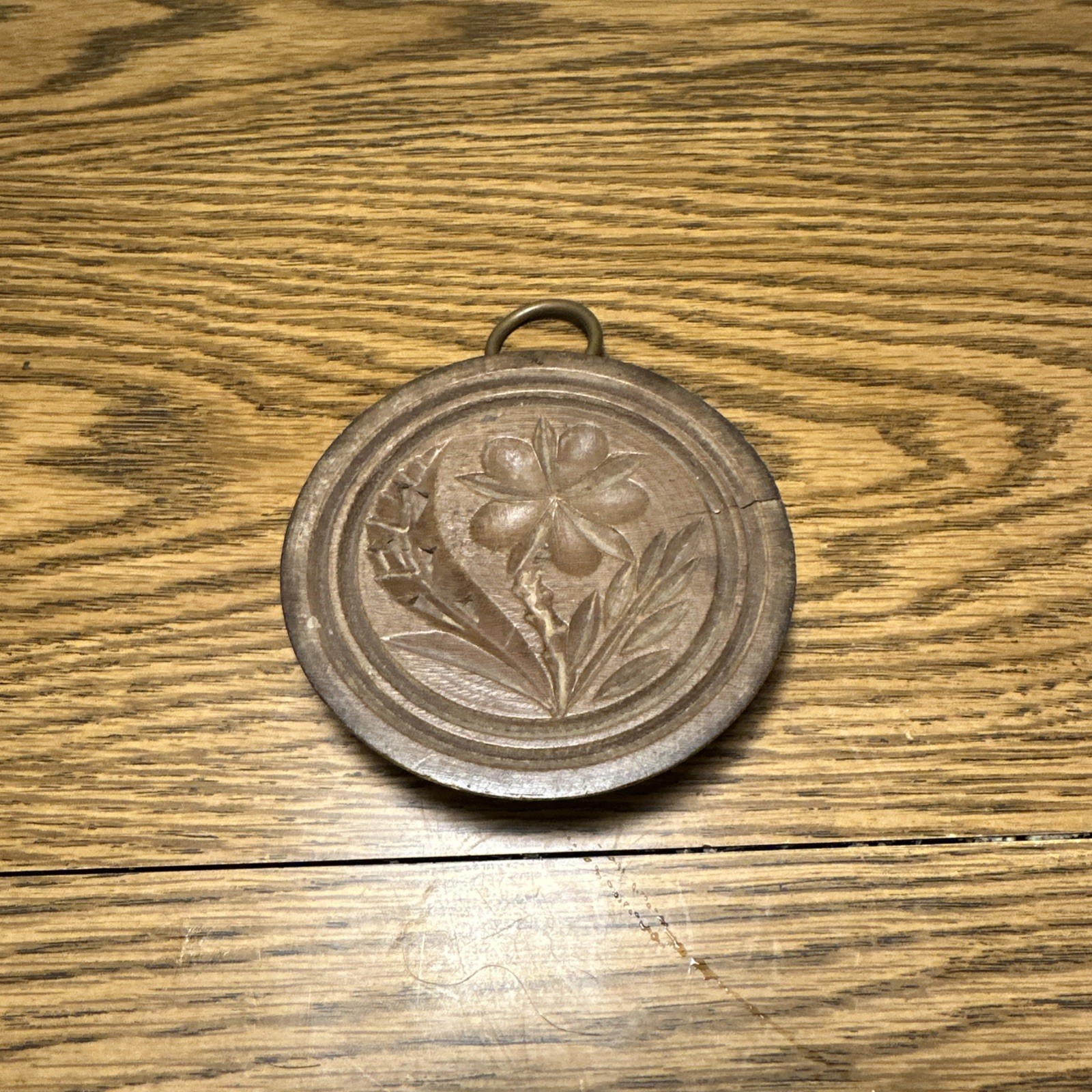 Antique Wood Flower Design Primitive Butter Mold Press w/ Ring to Hang ~3.5"