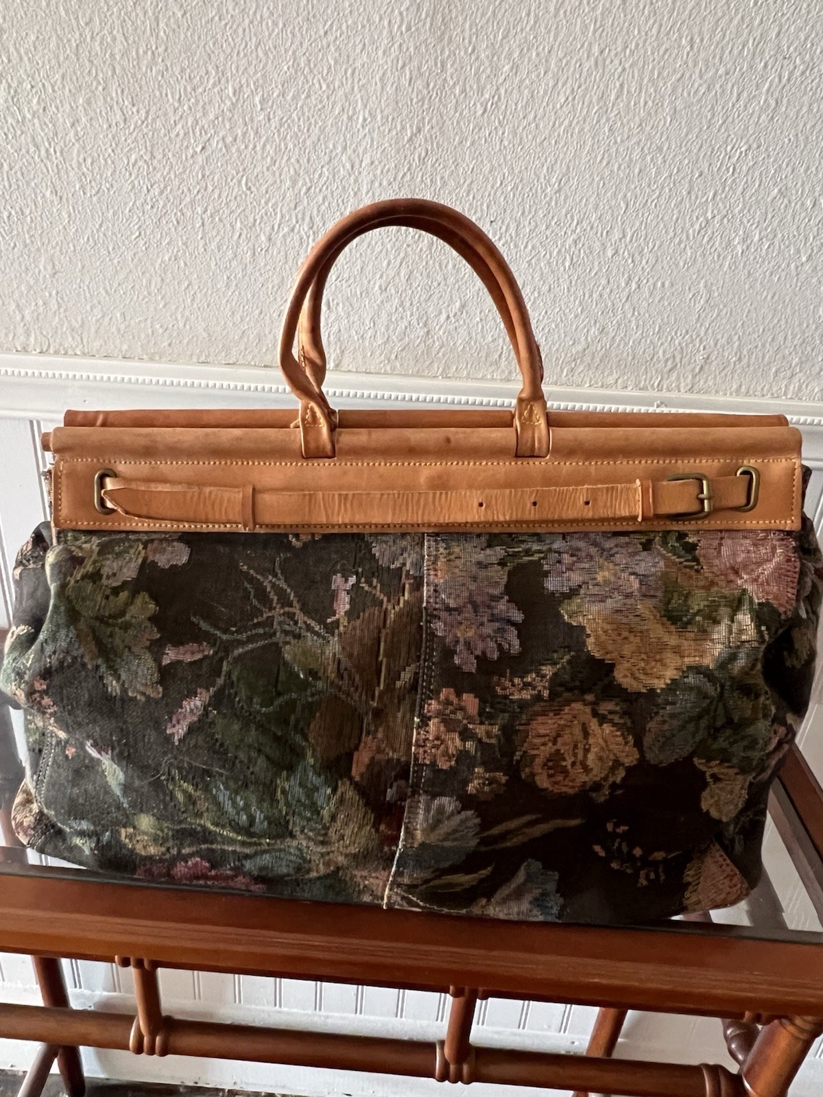 Vintage Ralph Lauren Polo Bag Luggage Duffle Weekender Floral Tapestry Leather