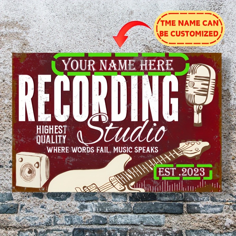 2D Flat 12x8" Recording Studio Metal Sign Vintage Style, Customizable Text