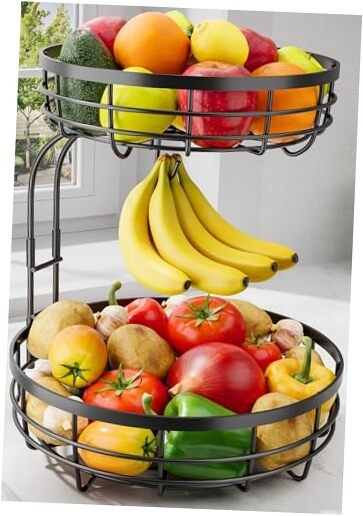 Fruit Basket for Kitchen Counter - 2-Tier Large 10.0"D x 10.0"W x 14.0"H Black