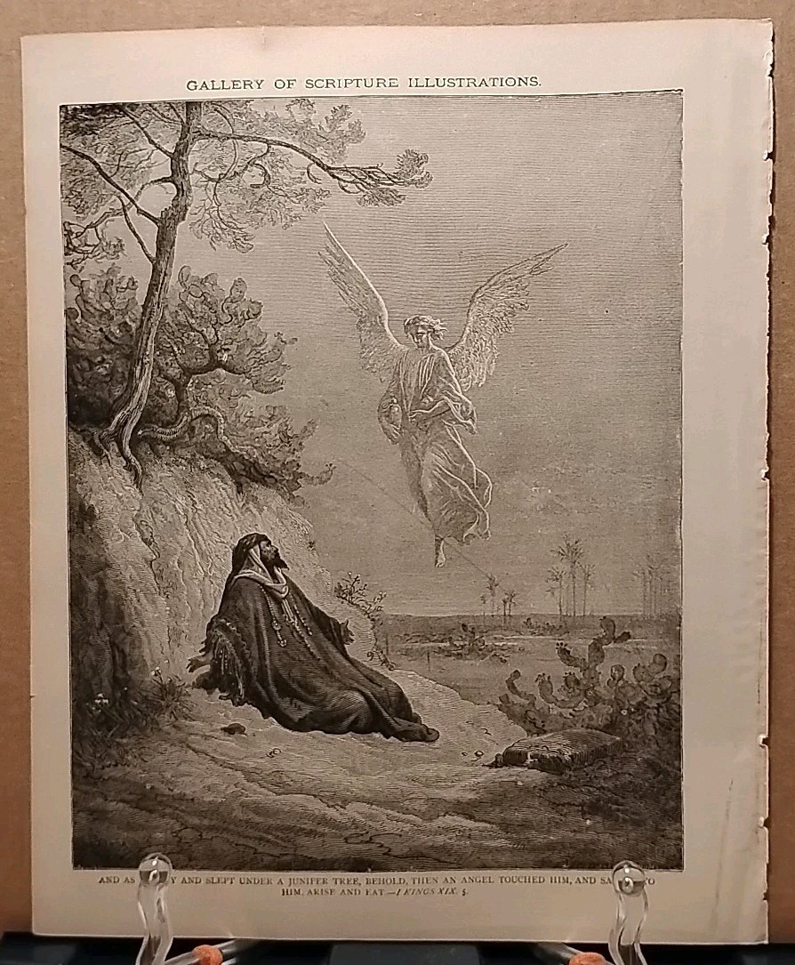 1884 - Vintage ELIJAH UNDER THE JUNIPER TREE Antique Bible Print from 1800s