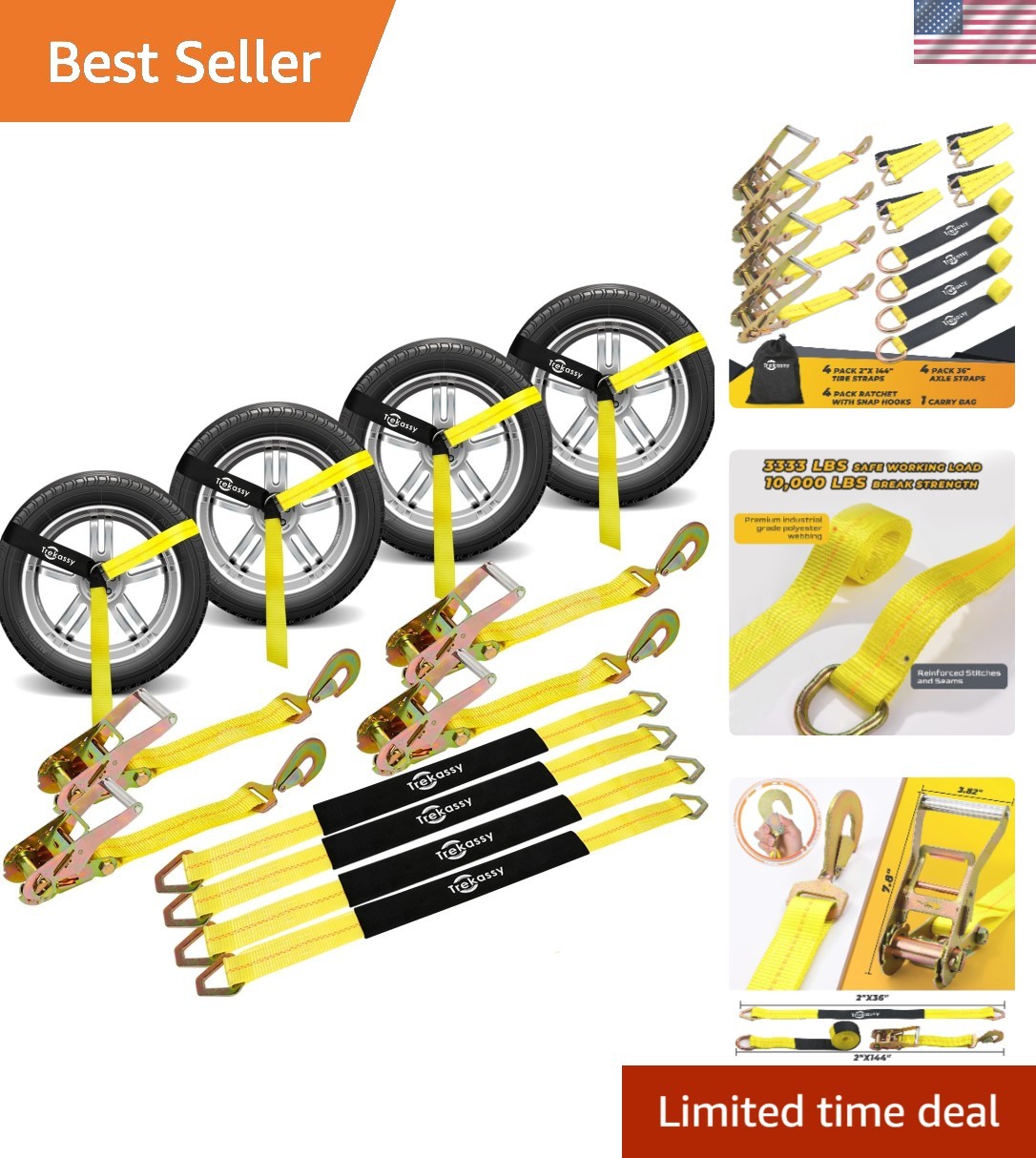 2in x 12ft Car Tie Down Straps for Trailers Heavy Duty, 10000lbs Break Streng...