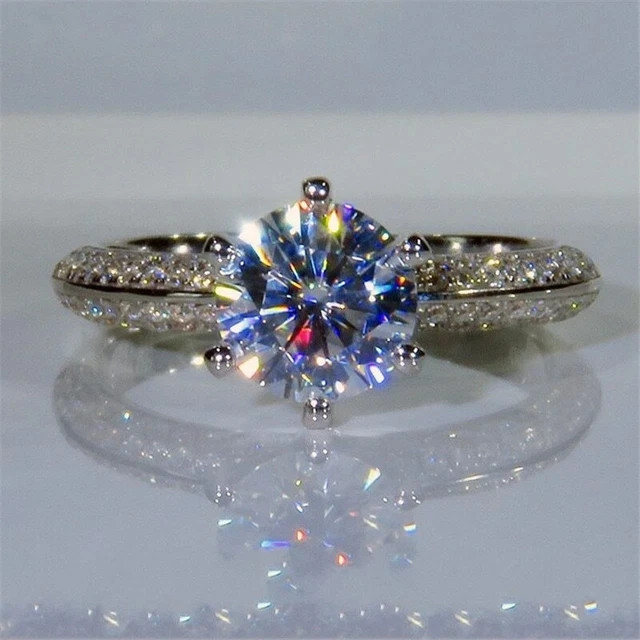 1.30Ct Round Cut Real Moissanite Solitaire Engagement Ring 14K White Gold Plated