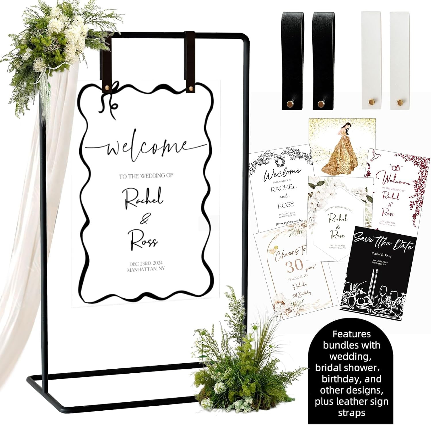 Adjustable Wedding Sign Holder with Leather Straps and Heavy Duty Easel Stand