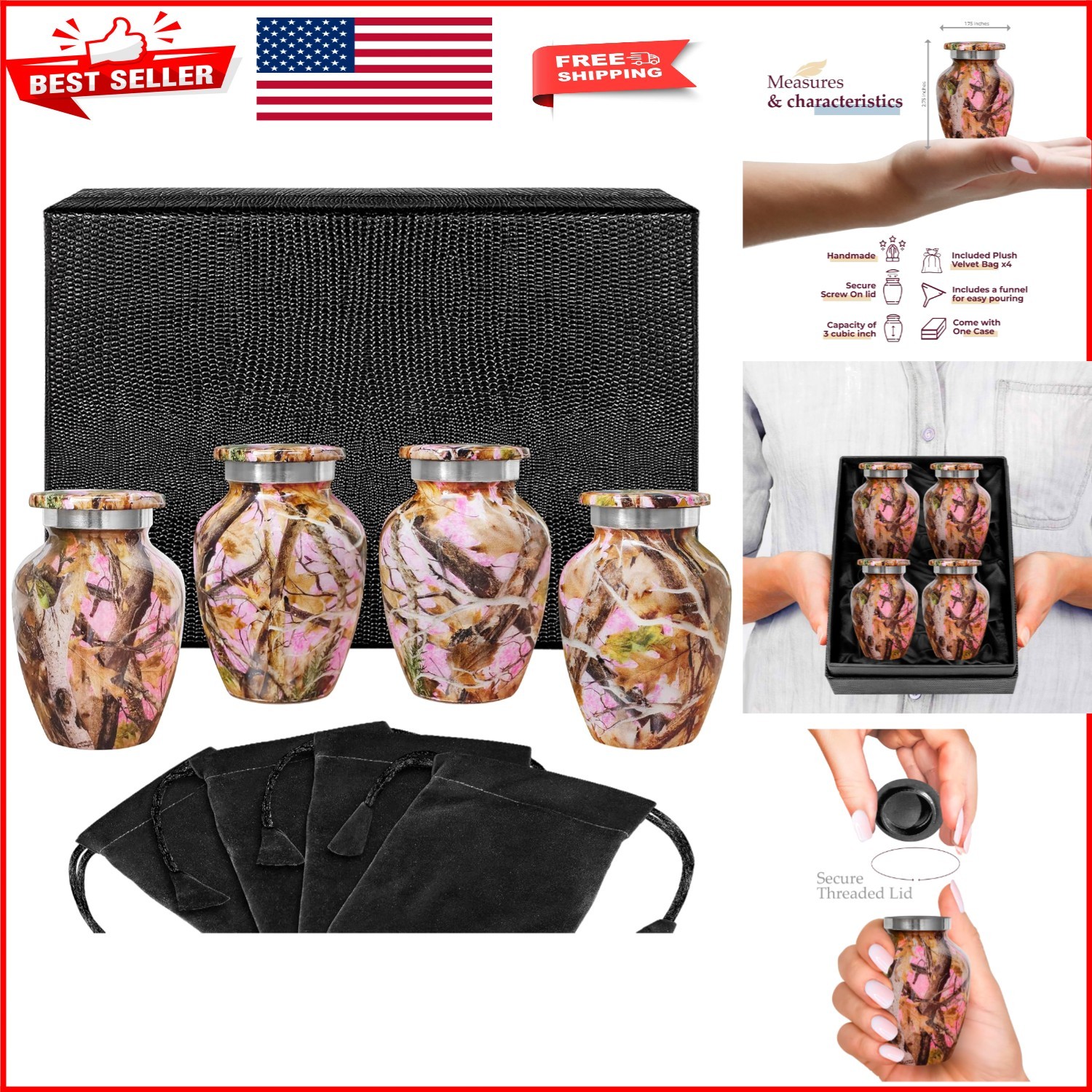 Pink Camo Decorative Urns for Ashes - Elegant Set of 4 Mini Brass Keepsakes