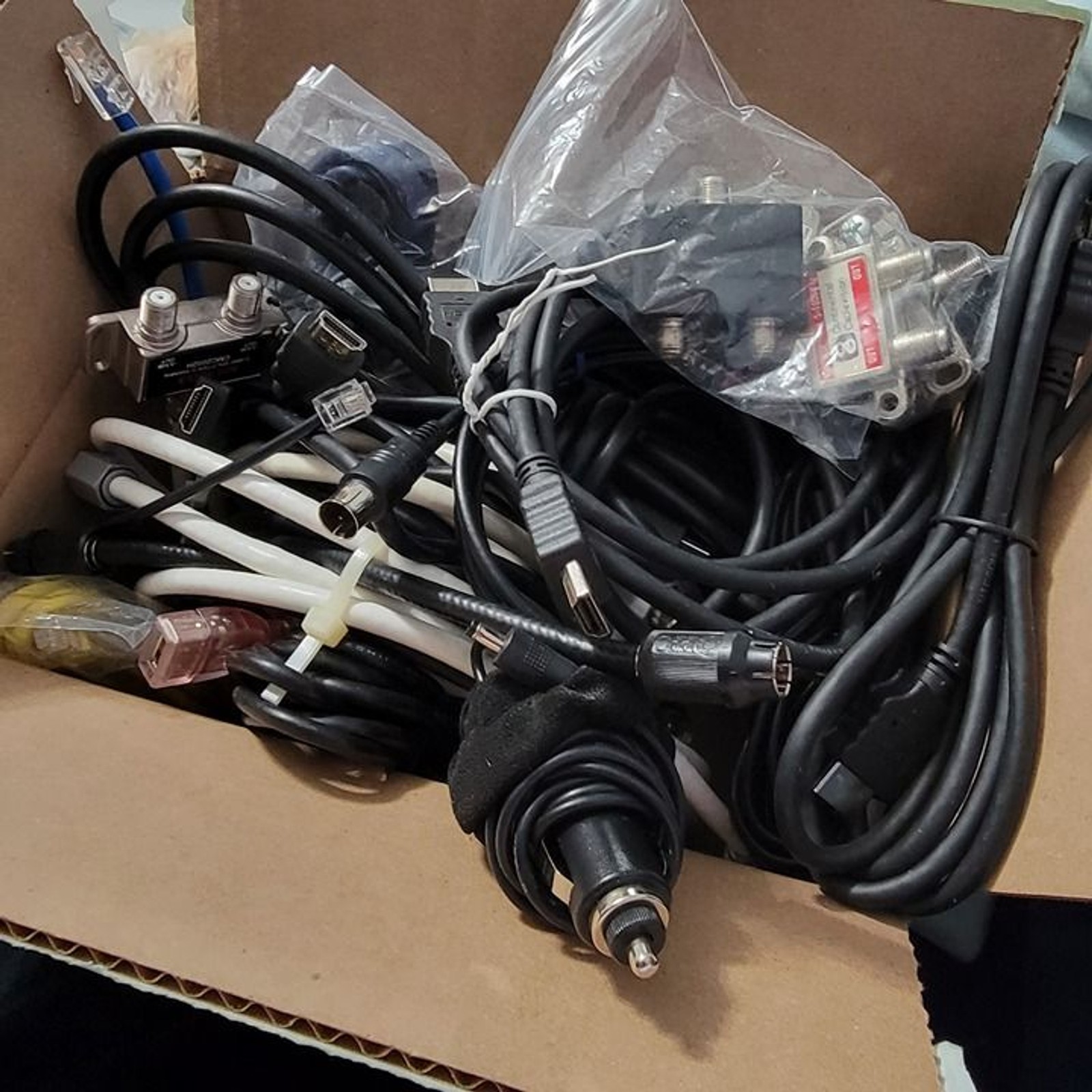 Box of Cables HDMI and Television Coaxial Cables