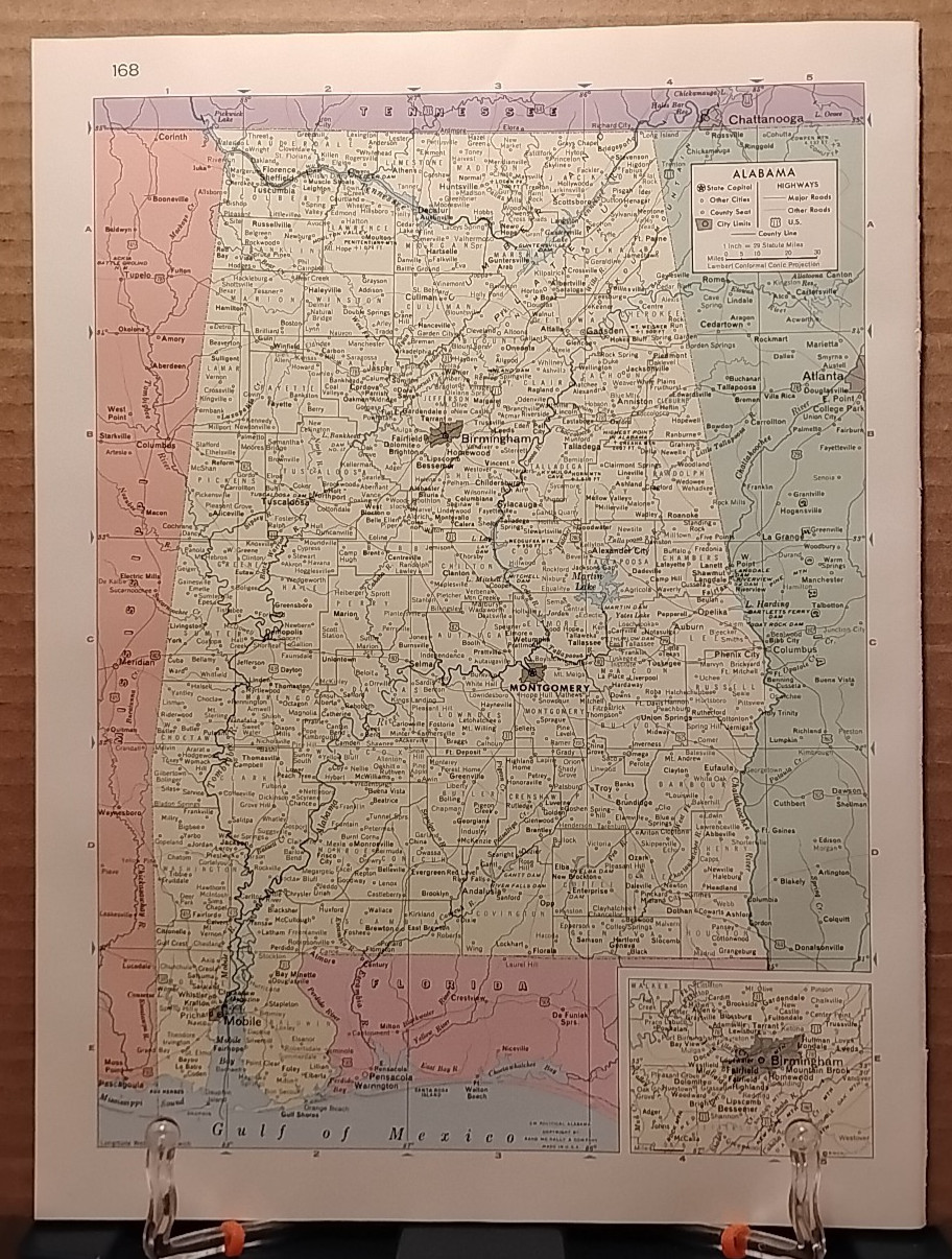 Old Vintage ALABAMA Atlas Map 1961 MSM Life Pictorial Atlas of the World
