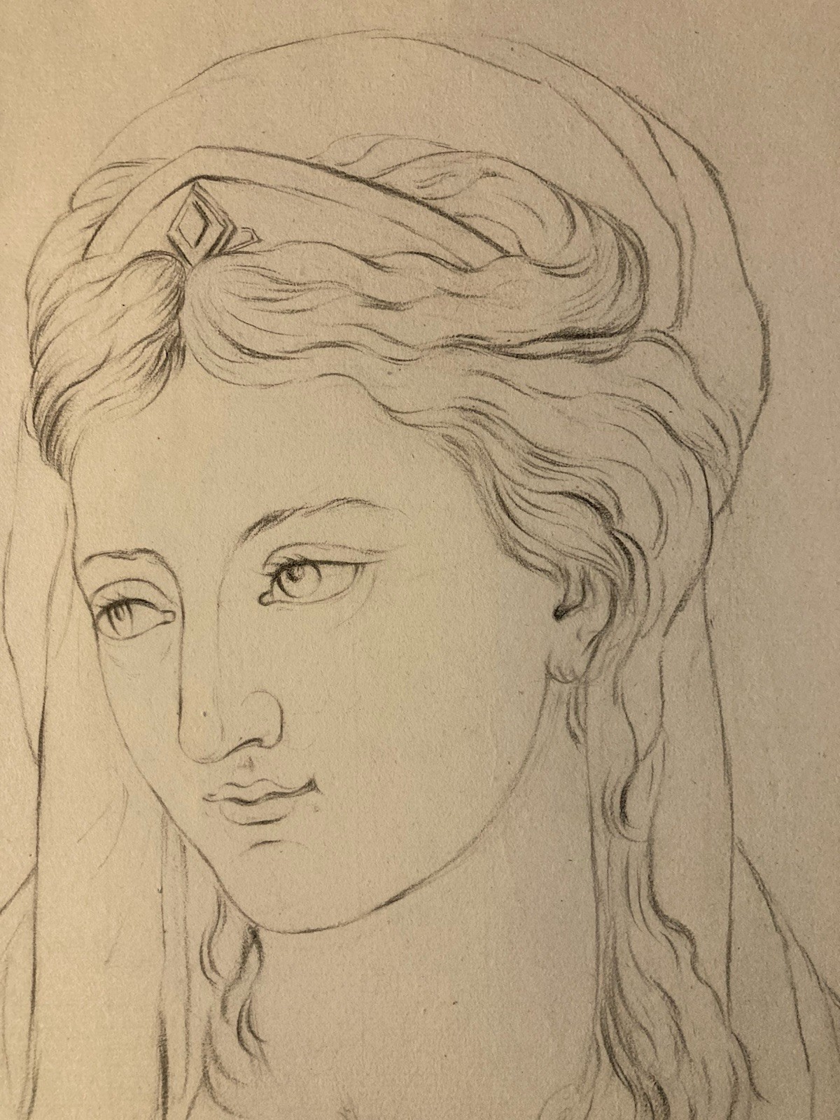 Very Beautiful Large Drawing Pencil Sketch Woman 19th Century Portrait 1850 Hair