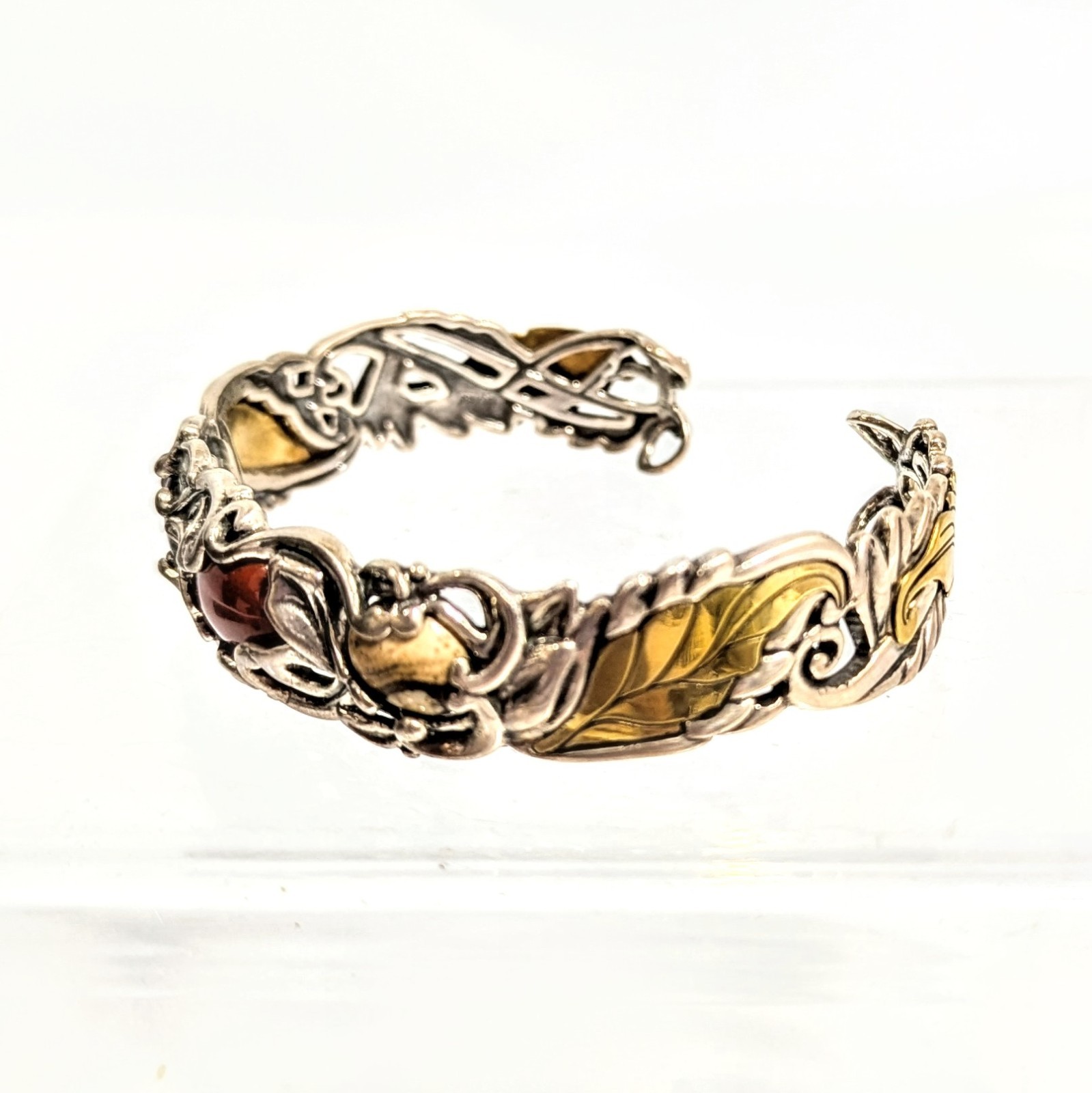 CAROLYN POLLACK Sterling Brass Tigers Eye Red Jasper Vine Leaf Cuff Bracelet 7"