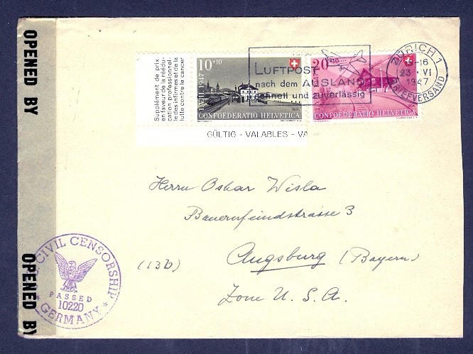 SWITZERLAND 1947 SEMI COMBO CIVIL CENSOR TO GERMANY