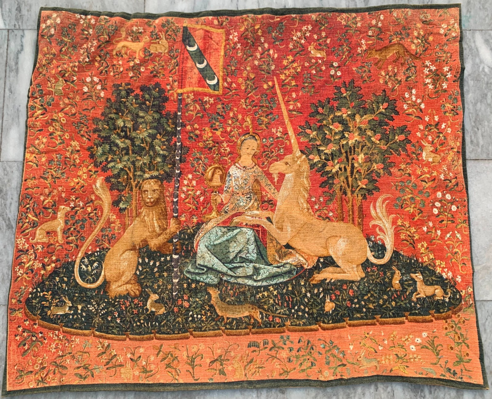 Vintage French Tapestry: The Lady with Unicorn, Cozy Wall Decor  3x3 ft