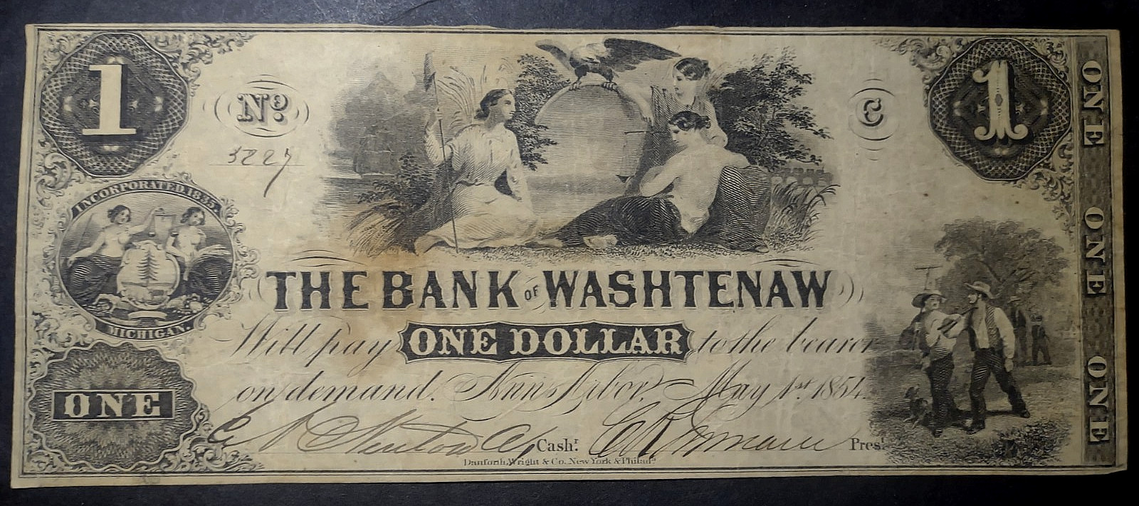 1854 Obsolete Banknote  Ann Arbor Michigan Bank Of Washtetaw $1