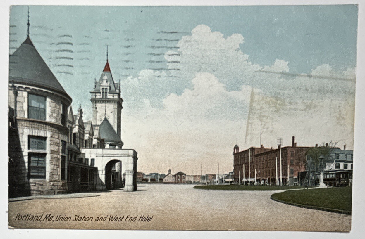 Union Station and West End Hotel Portland ME Maine Posted 1906 Postcard