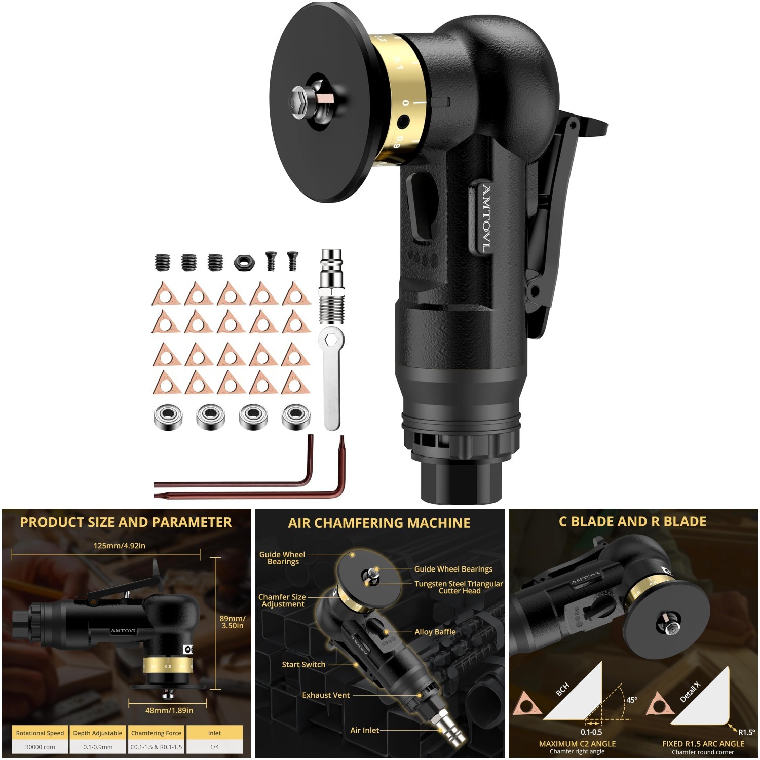 Pneumatic Chamfering Tool Mini Air 10 C-Angle R-Angle Blades 45° Metal Wood 1/4'