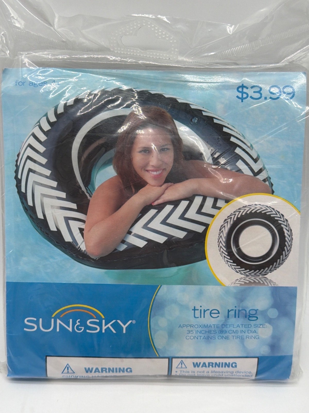 Sun & Sky Inflatable Tire Ring Pool Float 35 Inches Black & White For Ages 6+