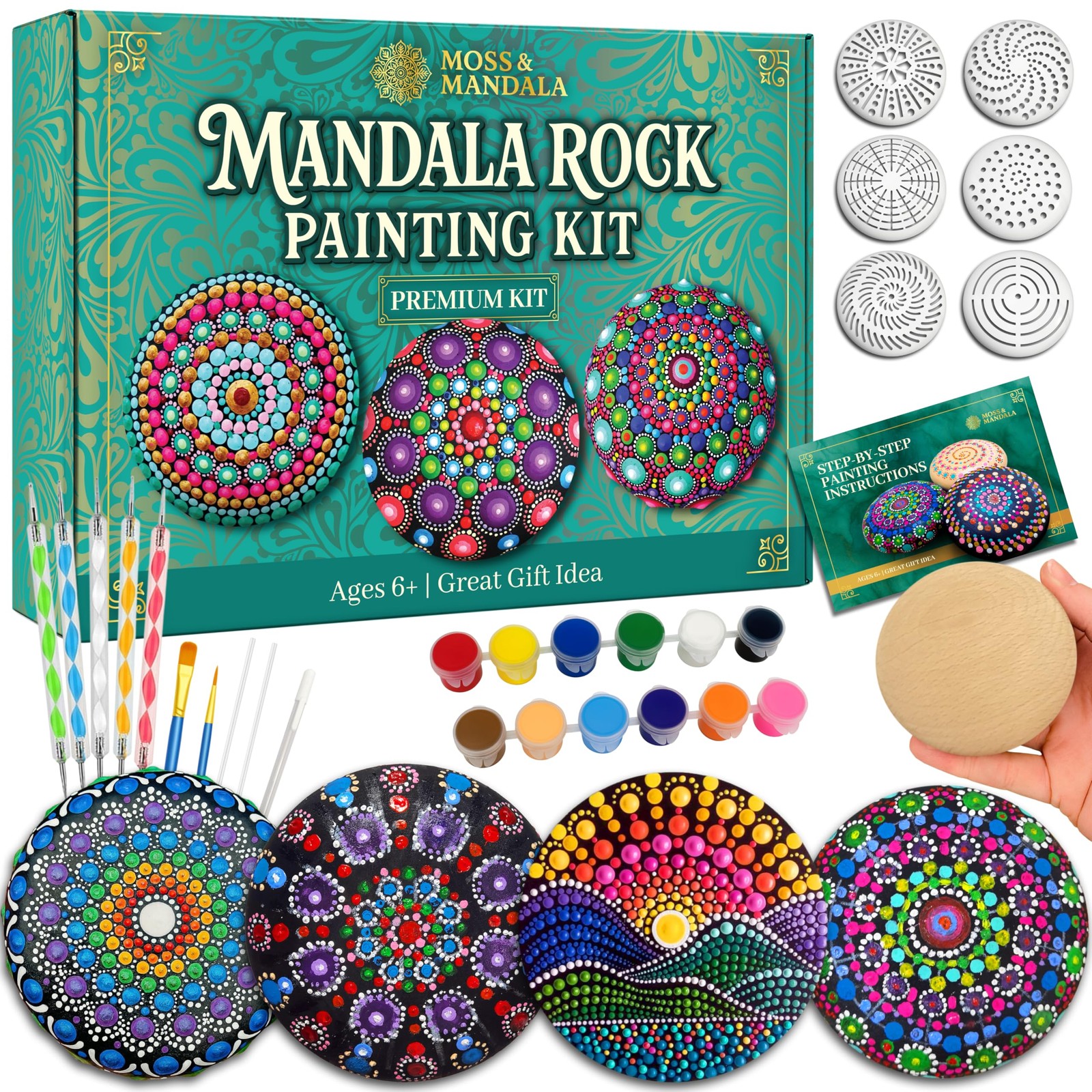 Mandala Rock Painting Kit – Dotting Tools Set - 5 Large Wooden Rocks + 6 Paints