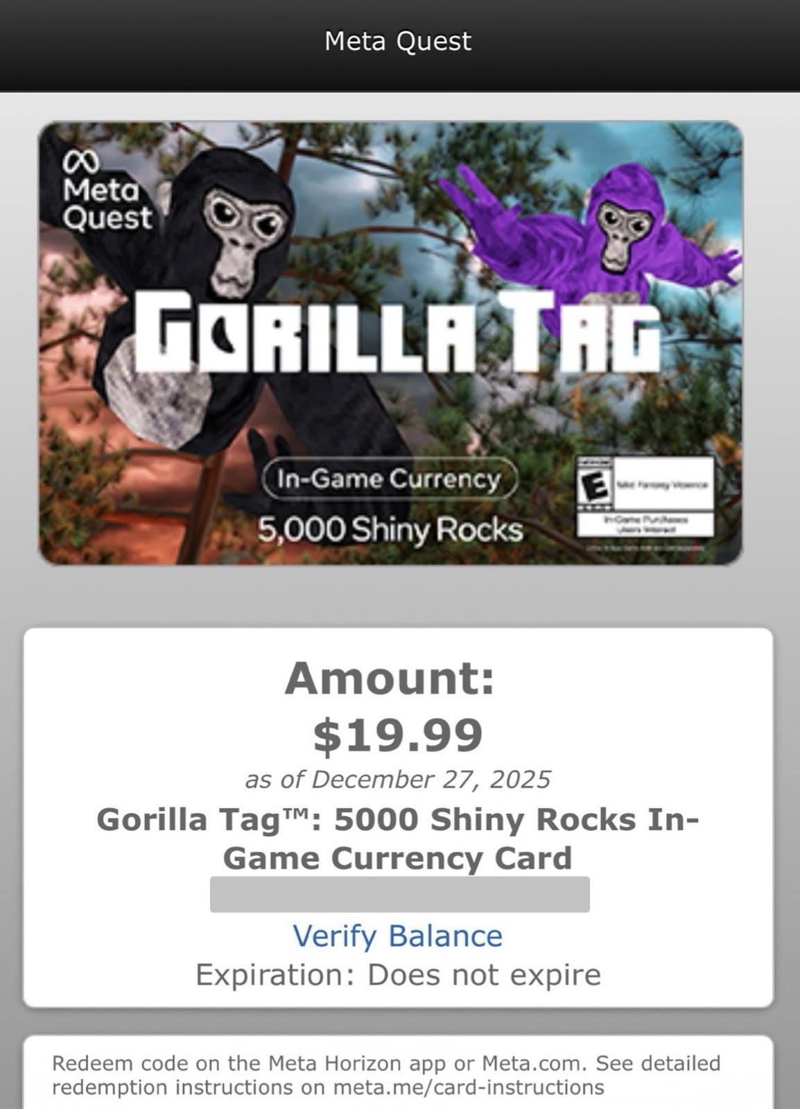Meta Quest Gorilla Tag 5000 Shiny Rocks In-Game Currency Card - Digital Delivery