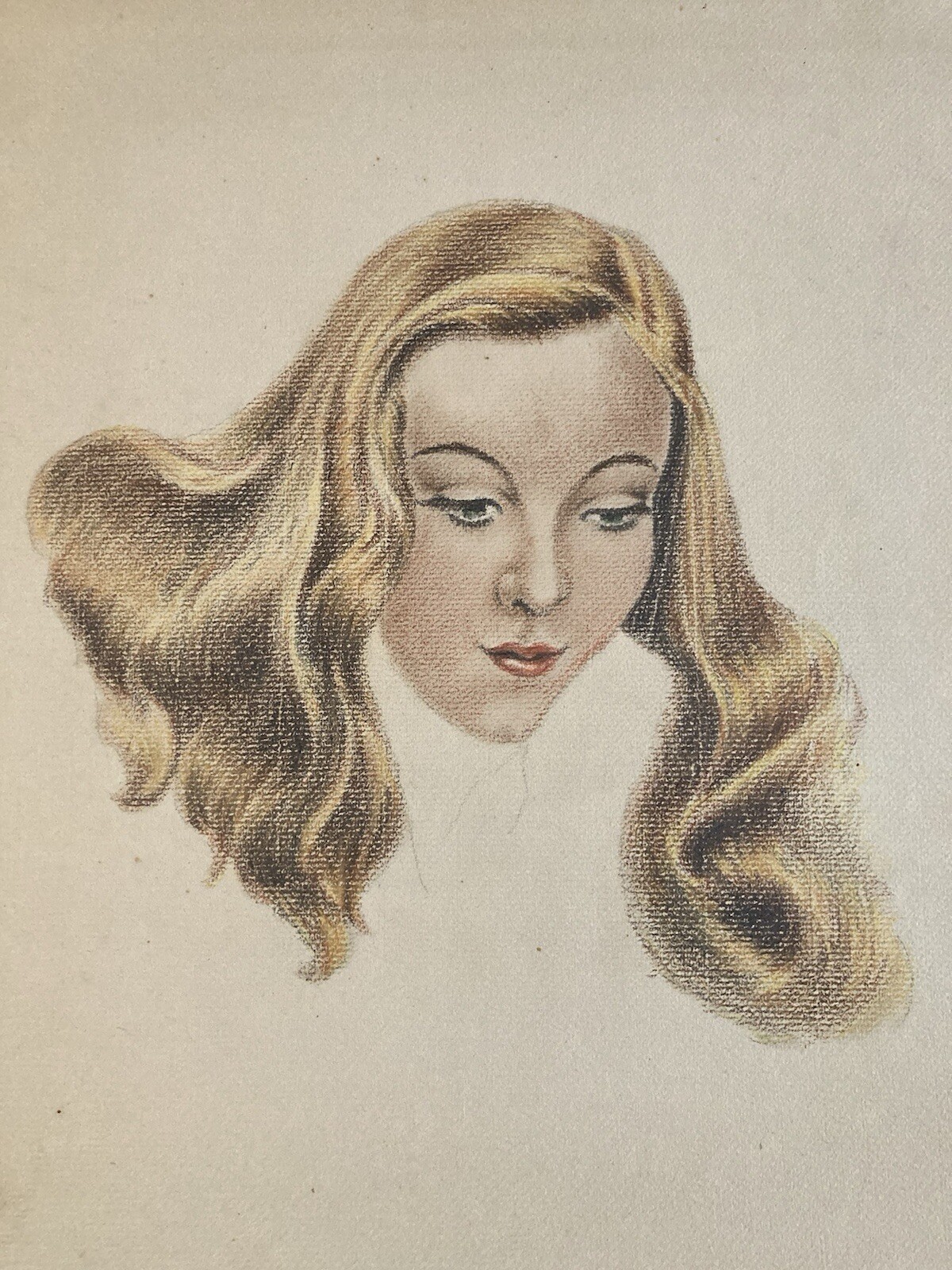 Very Beautiful Charcoal Drawing Woman Art 1950 Pin Up Vintage Face Blonde Head