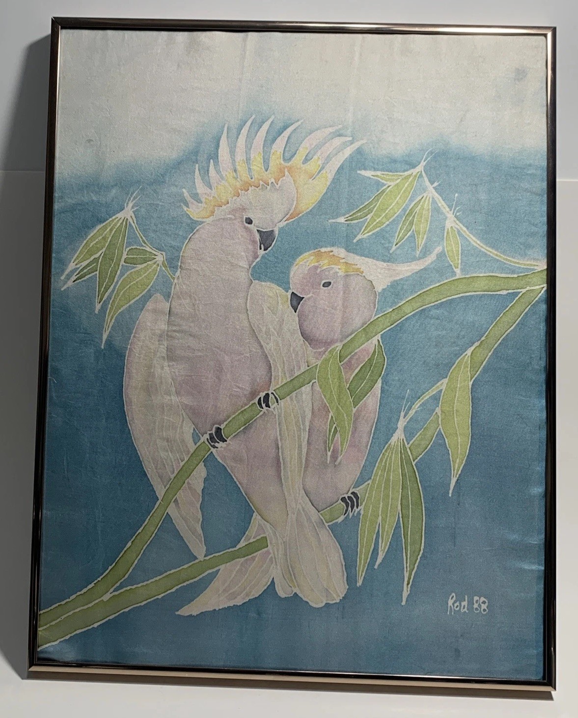 Vtg 1988 Batik Silk Painting Of Cockatiels Signed By Rod 88 (18”+ X 14”+)