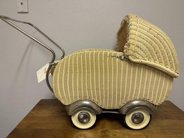 German doll carriage Circa 1930 Plastic & wicker Chrome hubcaps