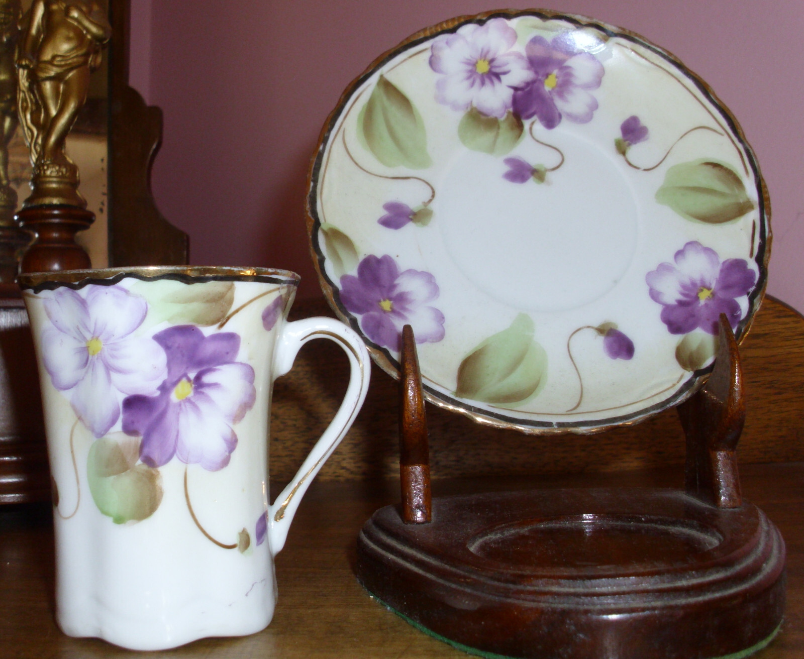 Antique Hand Painted Nippon China Cup & Saucer Violets Vintage 1900s a/k/a Japan