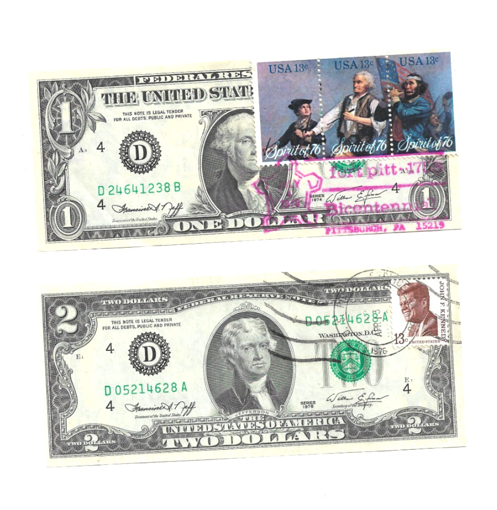 1976 $2 Dollar First Day Stamped Apr 13 1976 and Bicentennial $1 Stamped Ft.Pitt