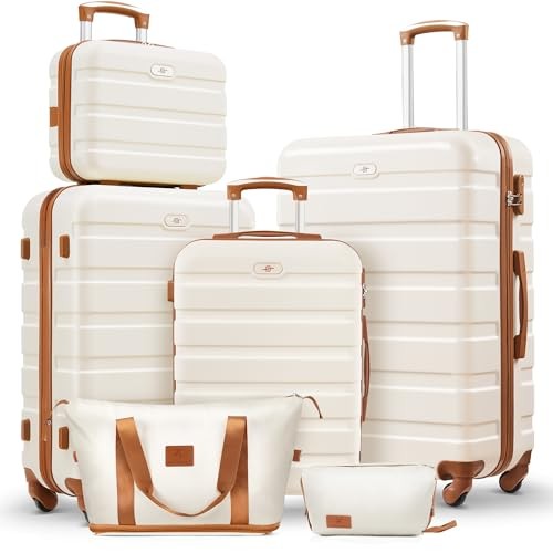  Luggage Sets 6 Piece, 20-inch Carry-on and 24 6 Piece(13+20+24+28) Beige Brown