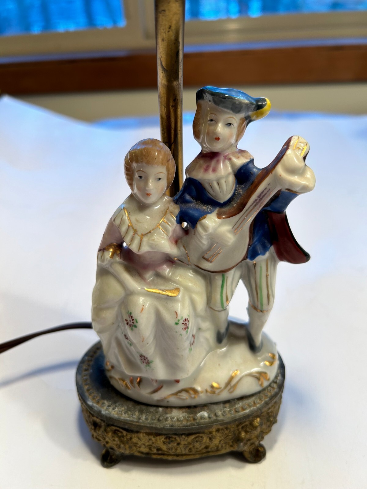 Antique Porcelain Figural Lamp Man and Woman 1920's Courting with a Mandolin