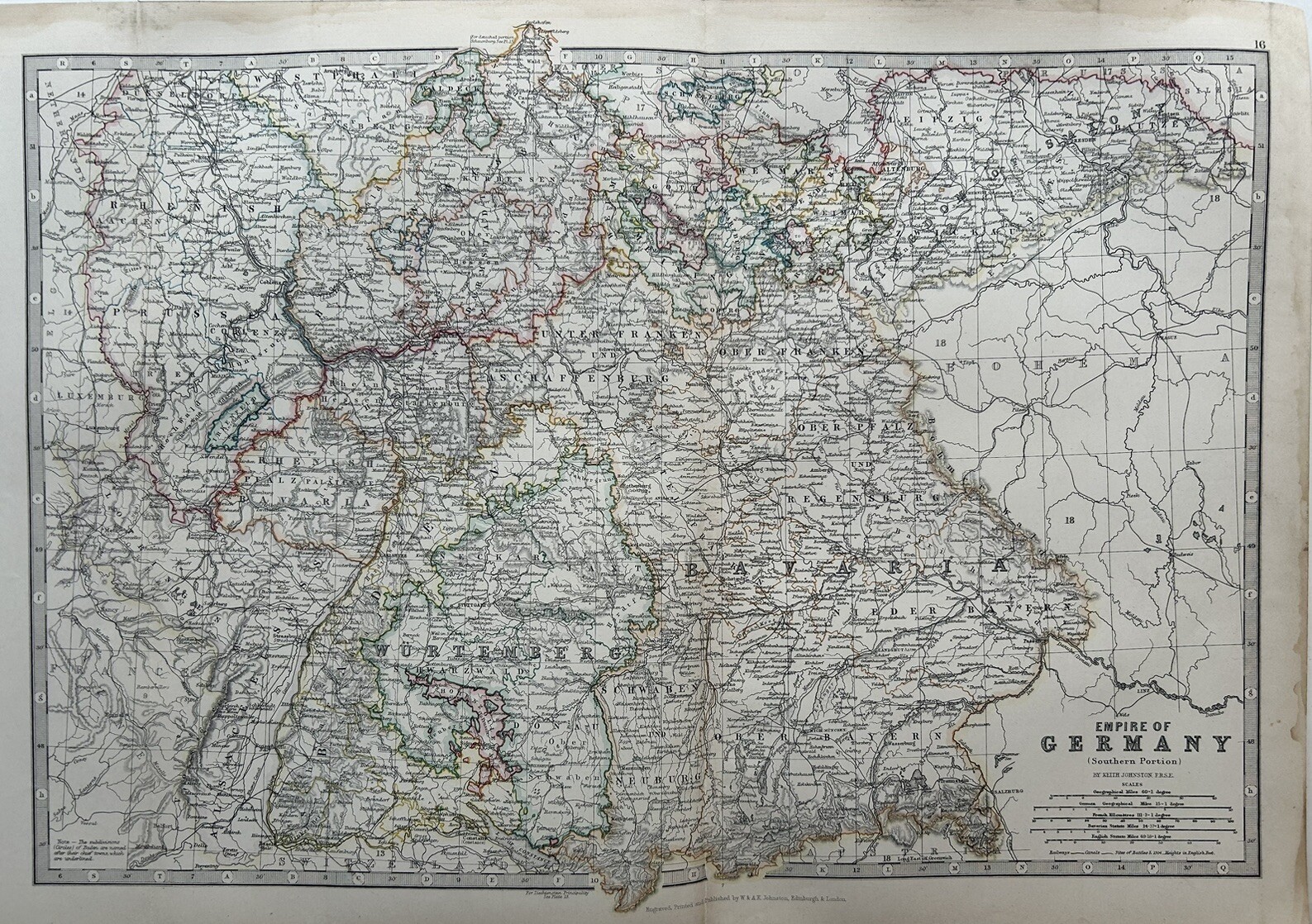 1884 Empire Of Germany, South Hand Coloured Original Antique Map by Johnston