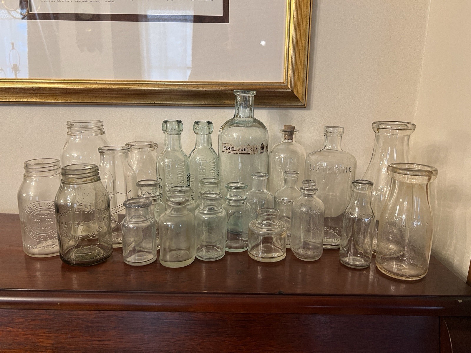 Lot 24 Antique Apothecary Pharmacy Dairy Bottles Horlick Listerine 3”-9”