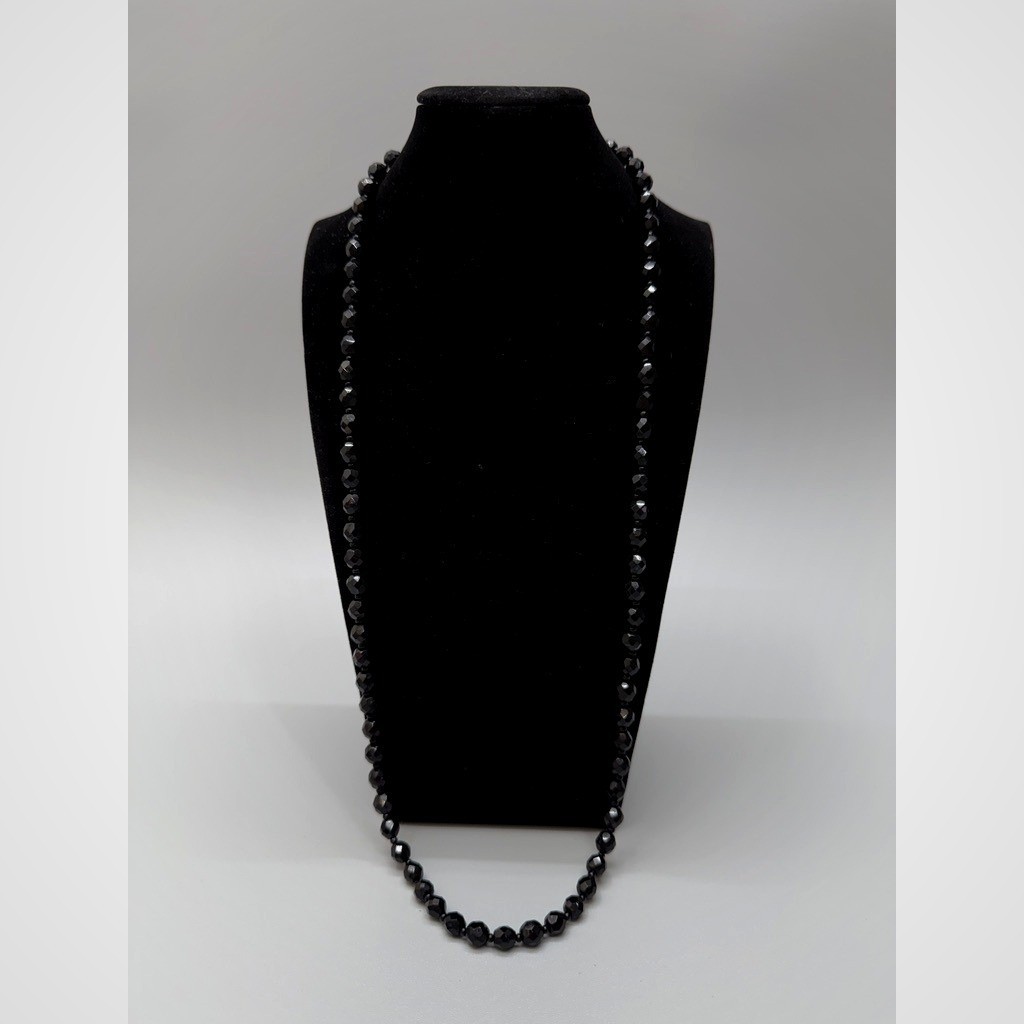 Vintage Jet Black Faceted Glass Beaded Necklace 30" Opera Heavy Sparkle Dark