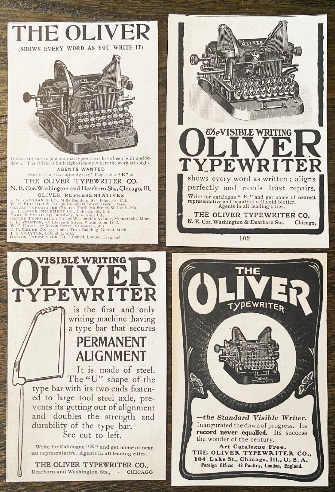 The OLIVER Typewriter c1899 Print Ads~Visible Writing Machine & U-Shape Type Bar
