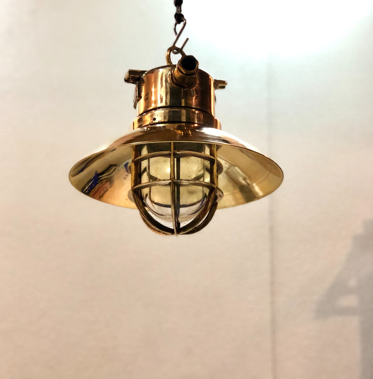 Pair Vintage Wiska Brass Ship Lights Nautical Hanging Marine Cargo Lamp w/ Shade