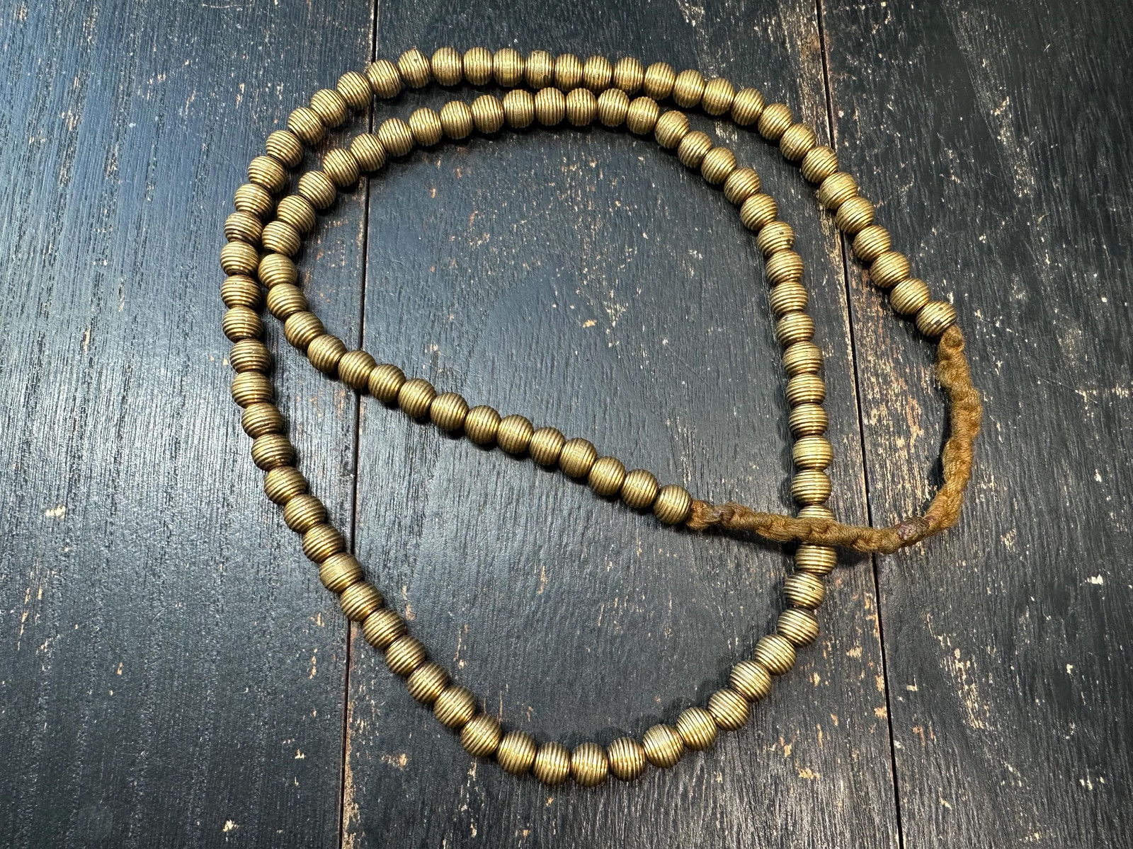 Vintage Brass Grooved Bead Necklace Strand – 7mm Ribbed Brass Beads, Tribal Eth